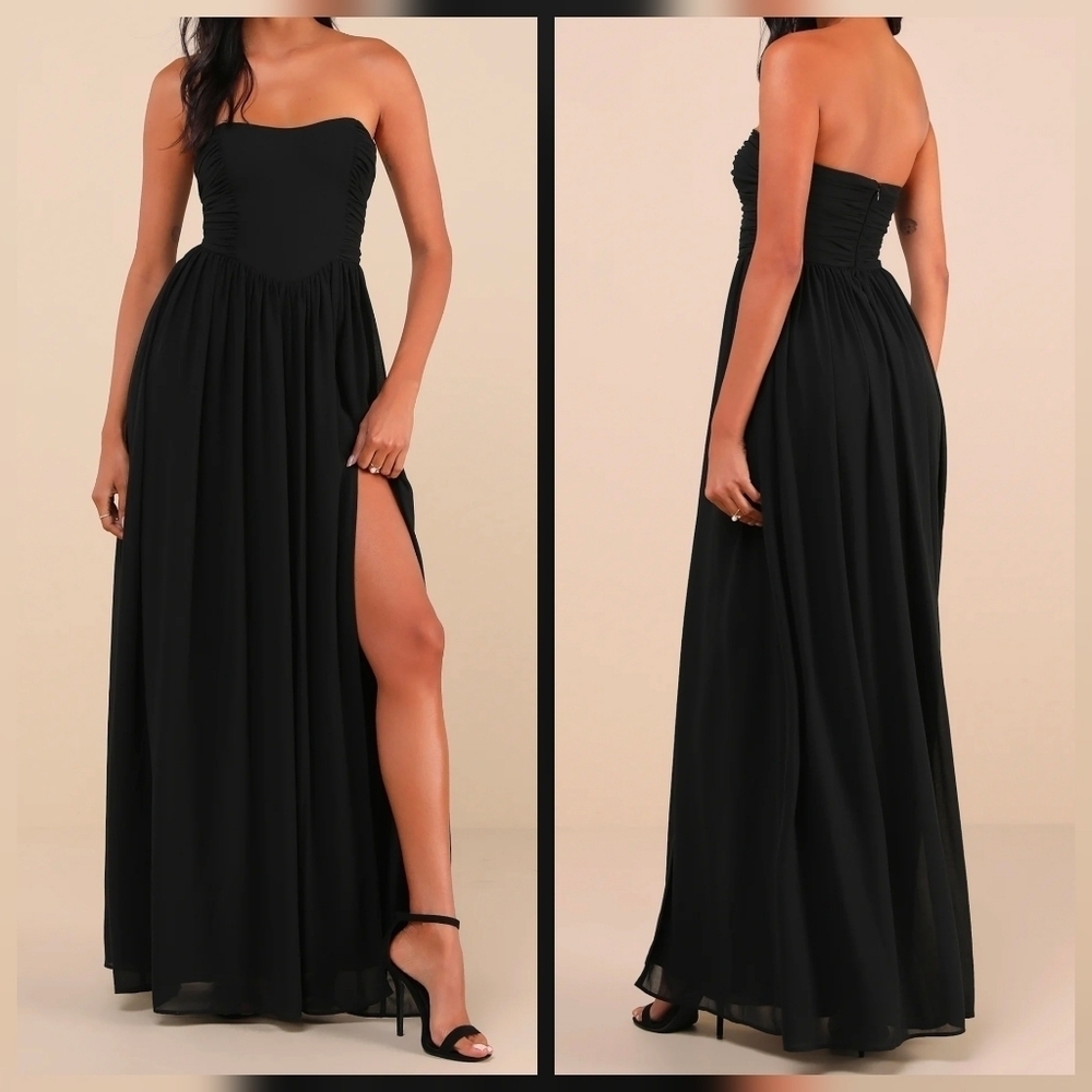 Lulus Luxe Favorite Black Strapless Ruched Maxi Dress, Size Small